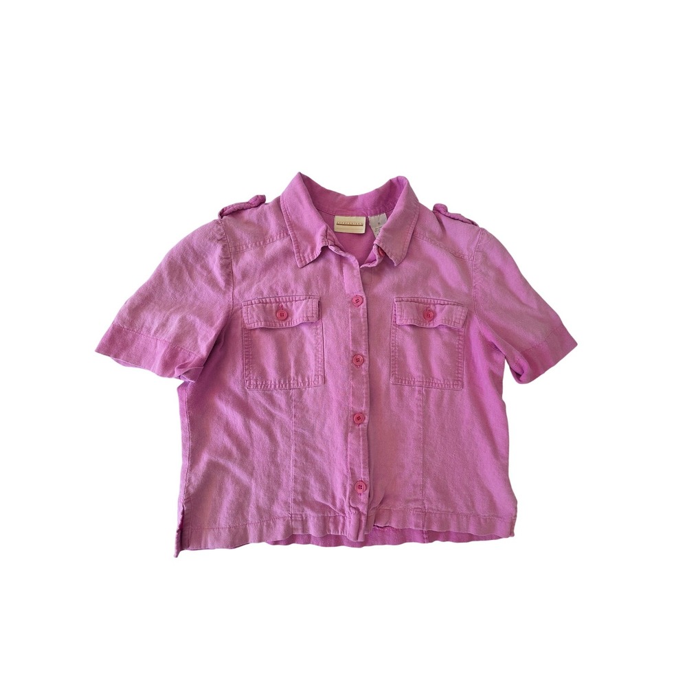 Expressions Linen Blend Button Down Shirt Short Sleeve 16 Pink Summer 90s